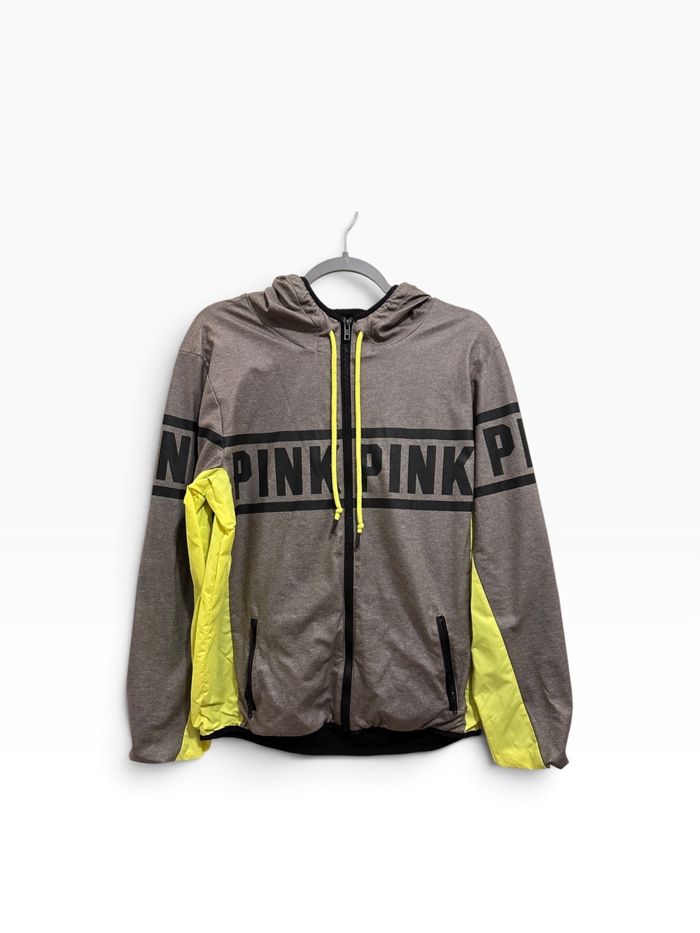 PINK Victoria's Secret Gray Zip Hoodie with Neon Yellow Accents